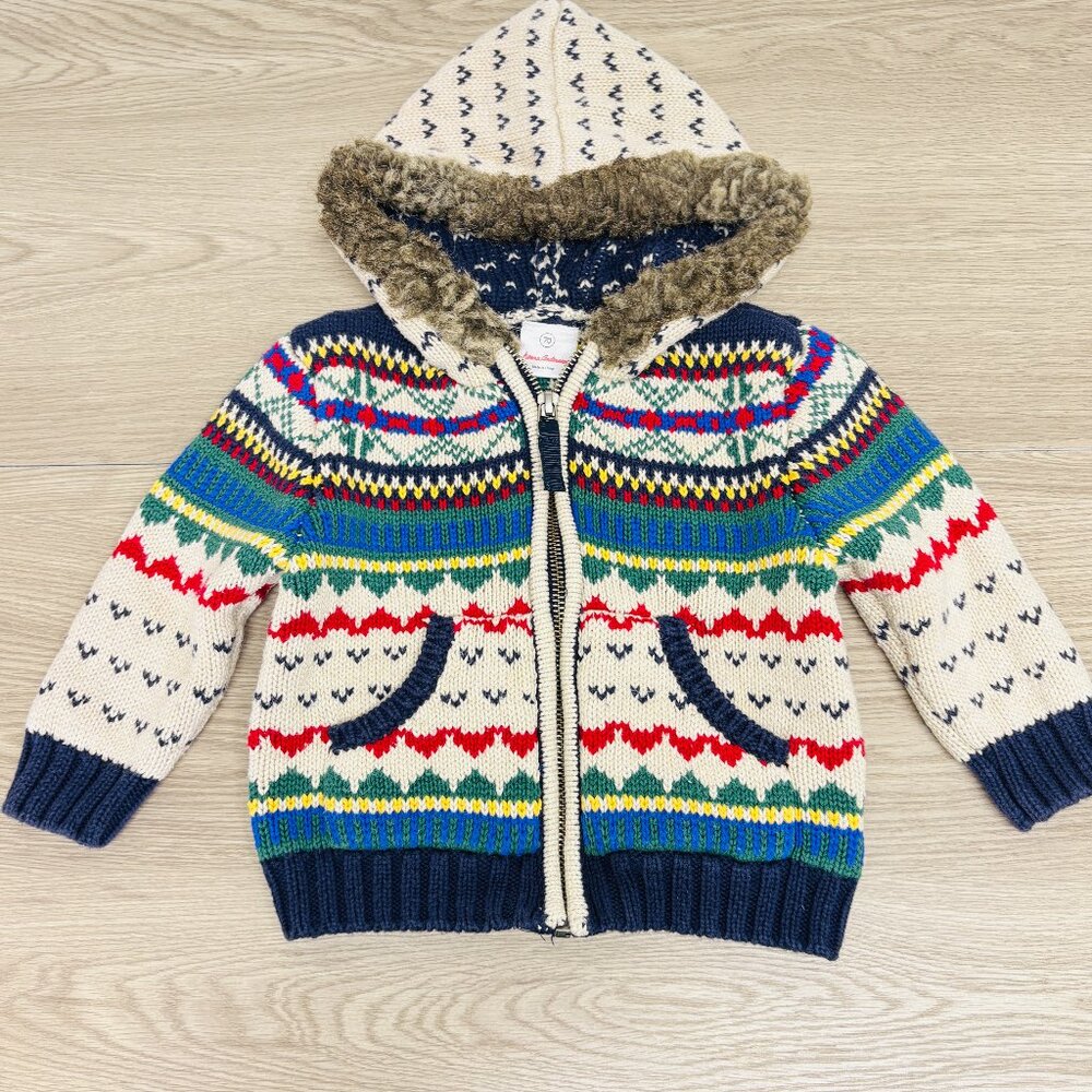 Hanna Andersson Fair Isle Knit Zip Hooded Sweater Baby Boy Sz 6-12 mos